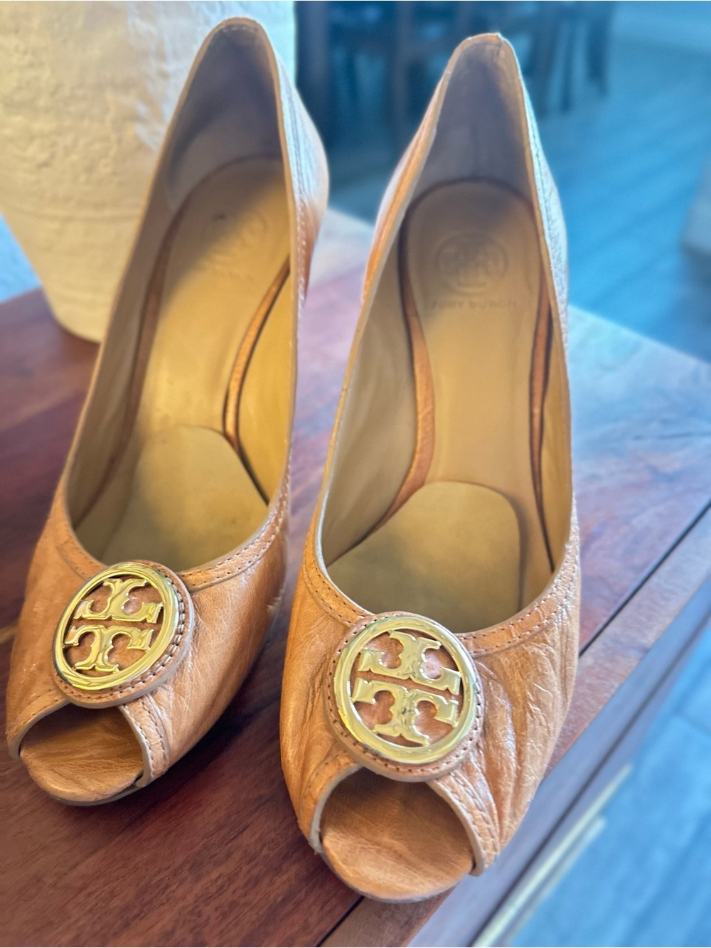 Tory Burch Tan Leather Peep-Toe Heels with Gold Logo Medallion